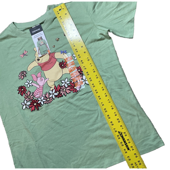 Disney Winnie The Pooh & Piglet Womens Medium Green T-Shirt Embroidered Flowers - Picture 11 of 12